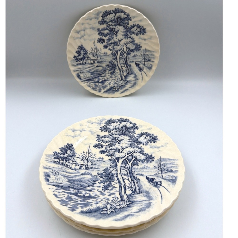 Nasco Blue River Bread Butter Plates Set of 4 Blue White Scalloped Japan 6.5"